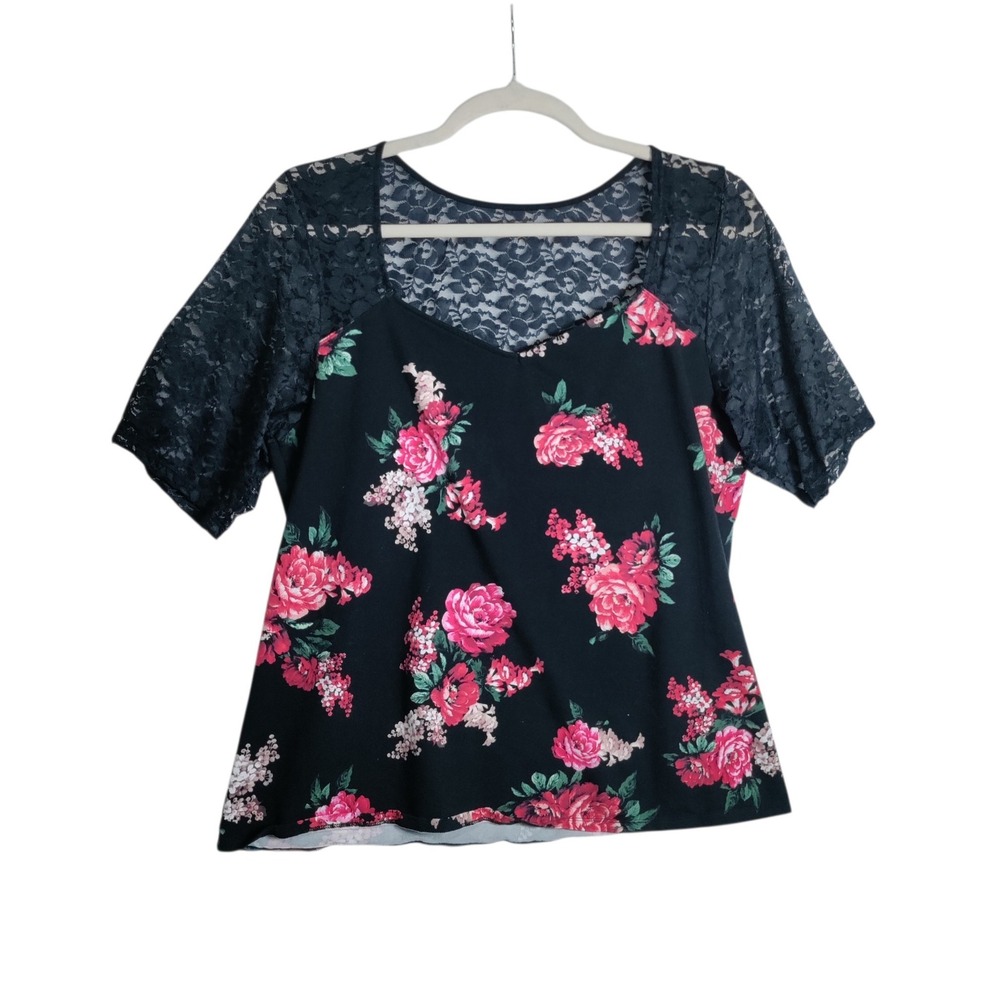 Torrid Black Pink Floral Lace Shoulder Short Sleeve Top Plus Size 4 4X